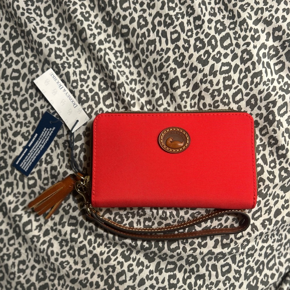 NWT Dooney & Bourke Red removable Wristlet wallet with tan leather trim.